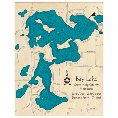 Bathymetric topo map of Bay Lake, MN with roads, towns and depths noted in blue water.