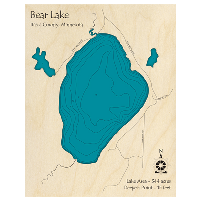 Bathymetric topo map of Bear Lake, MN with roads, towns and depths noted in blue water.