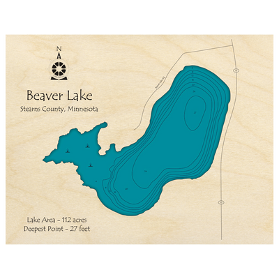 Bathymetric topo map of Beaver Lake, MN with roads, towns and depths noted in blue water.