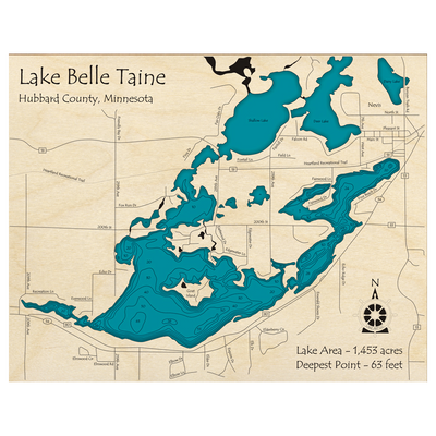 Bathymetric topo map of Lake Belle Taine, MN with roads, towns and depths noted in blue water.