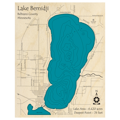 Bathymetric topo map of Lake Bemidji, MN with roads, towns and depths noted in blue water.