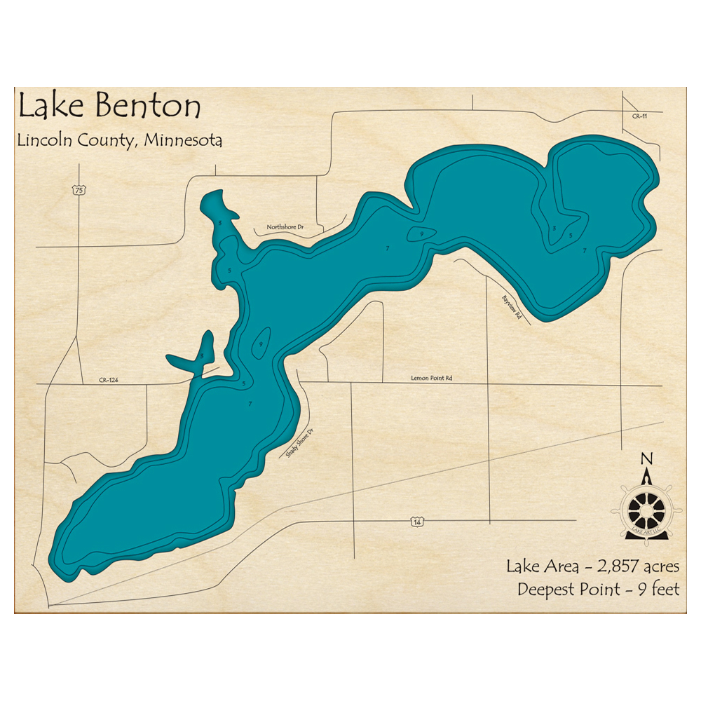 Bathymetric topo map of Lake Benton, MN with roads, towns and depths noted in blue water.
