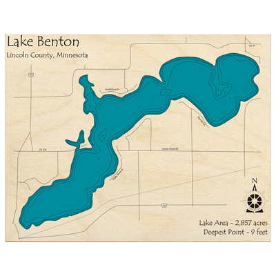 Bathymetric topo map of Lake Benton, MN with roads, towns and depths noted in blue water.