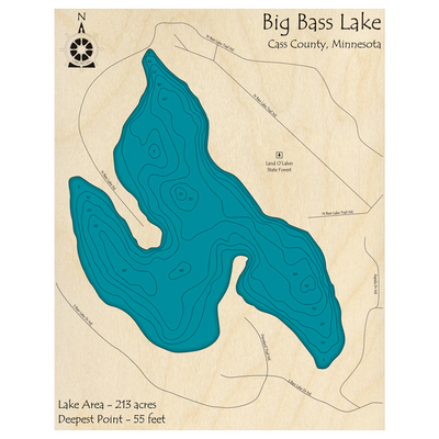 Bathymetric topo map of Big Bass Lake, MN with roads, towns and depths noted in blue water.