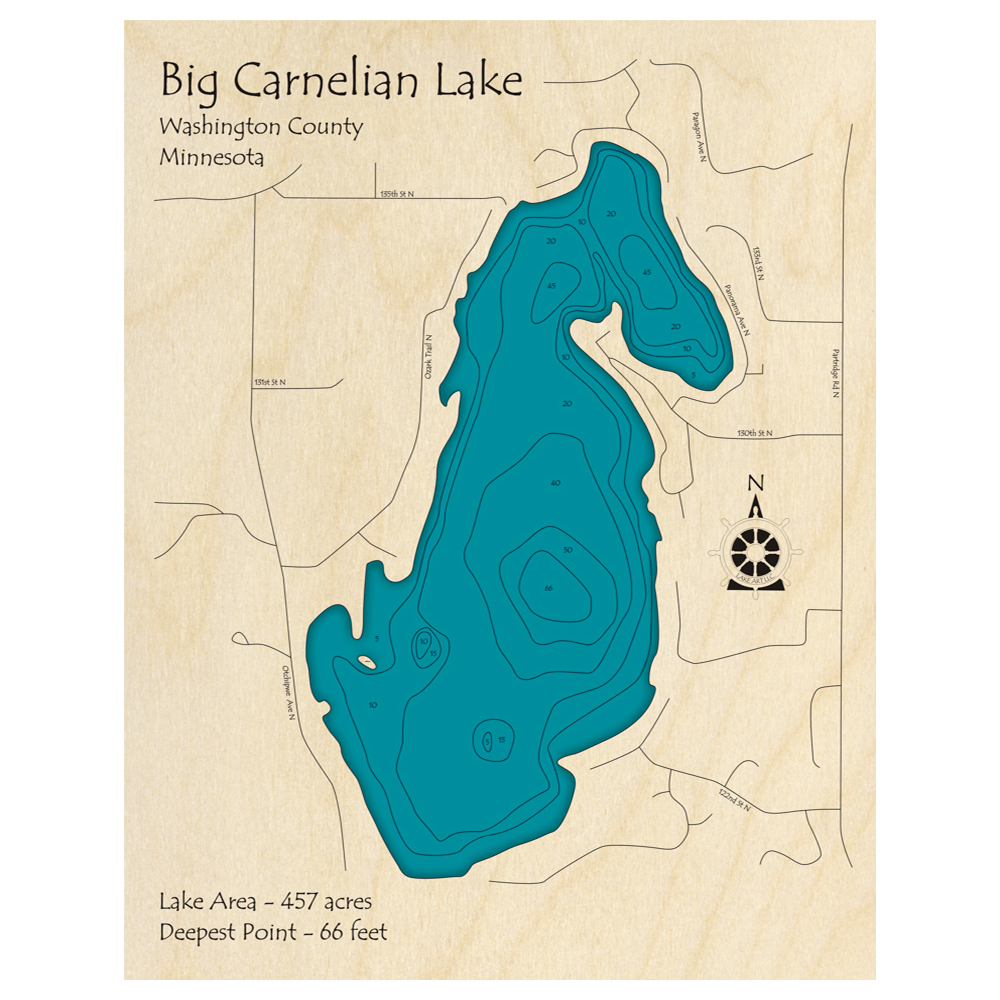 Bathymetric topo map of Big Carnelian Lake, MN with roads, towns and depths noted in blue water.