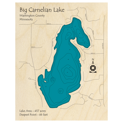 Bathymetric topo map of Big Carnelian Lake, MN with roads, towns and depths noted in blue water.