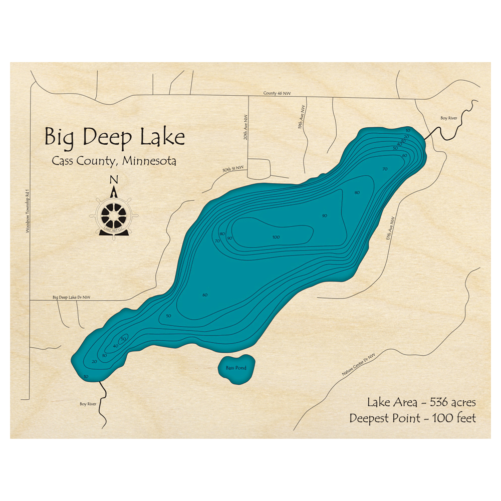 Bathymetric topo map of Big Deep Lake, MN with roads, towns and depths noted in blue water.