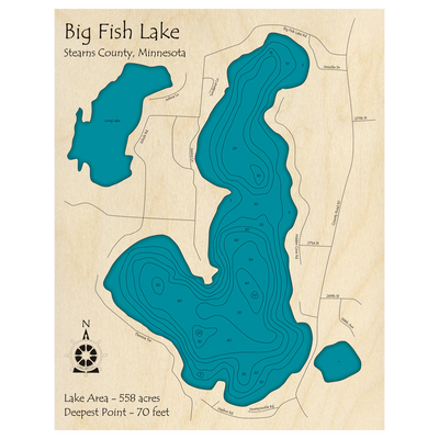 Bathymetric topo map of Big Fish Lake, MN with roads, towns and depths noted in blue water.