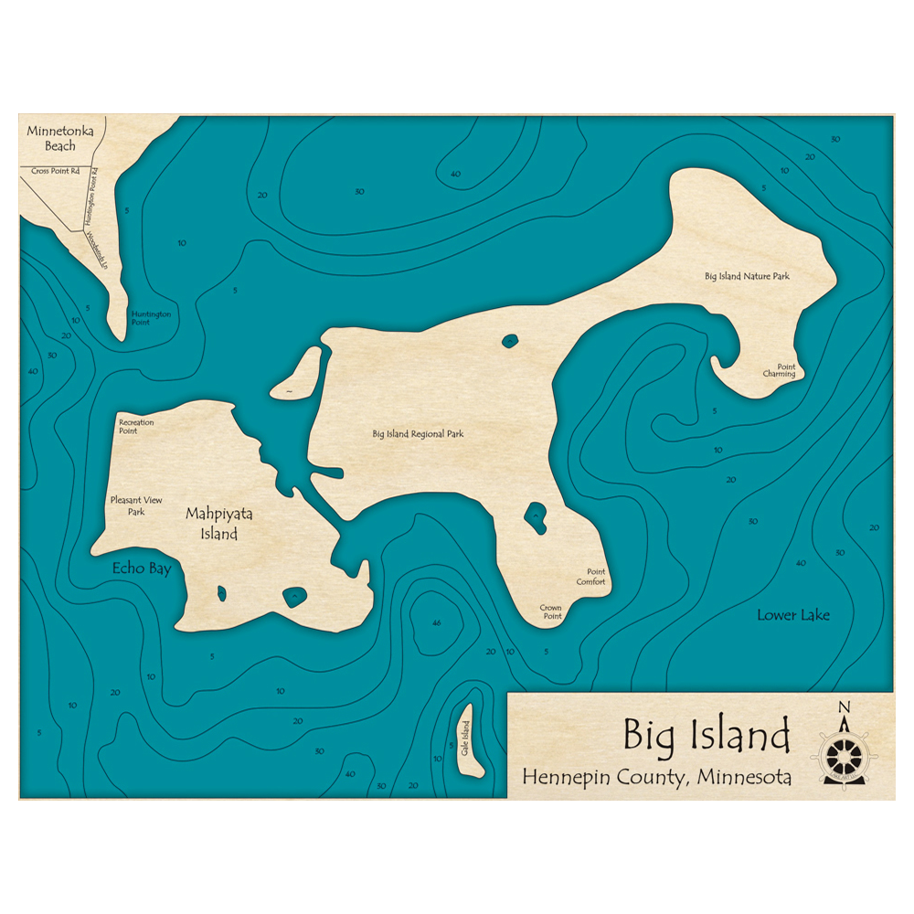 Bathymetric topo map of Big Island, MN with roads, towns and depths noted in blue water.