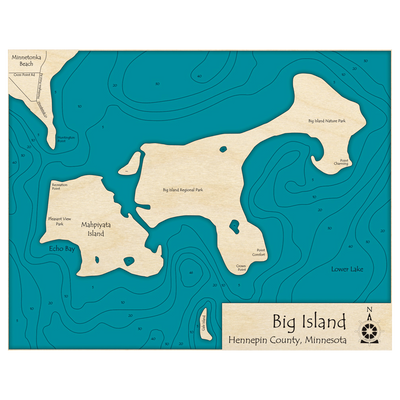 Bathymetric topo map of Big Island, MN with roads, towns and depths noted in blue water.