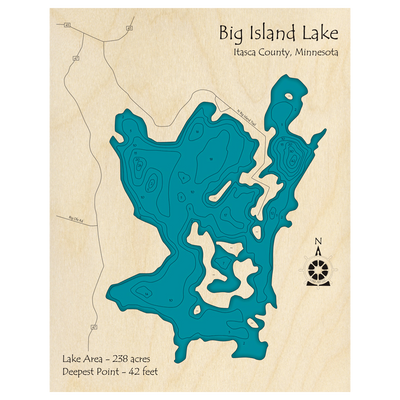 Bathymetric topo map of Big Island Lake, MN with roads, towns and depths noted in blue water.