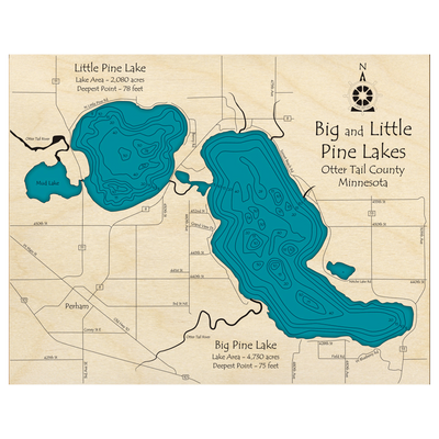 Bathymetric topo map of Pine Lakes, MN with roads, towns and depths noted in blue water.