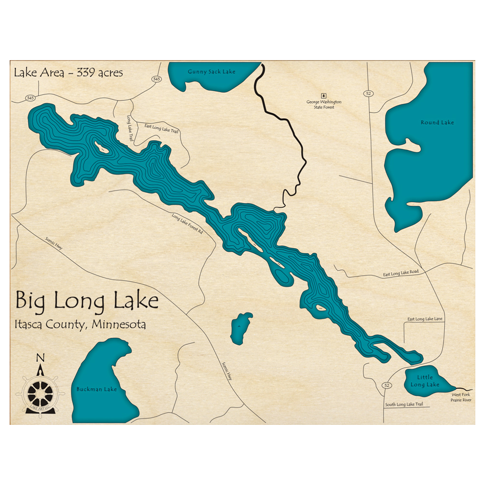 Bathymetric topo map of Big Long Lake, MN with roads, towns and depths noted in blue water.