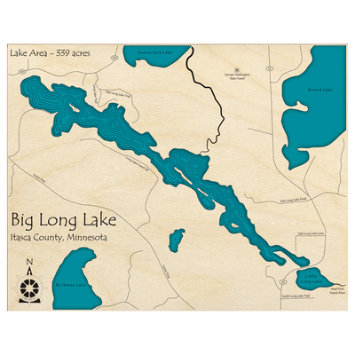 Bathymetric topo map of Big Long Lake, MN with roads, towns and depths noted in blue water.