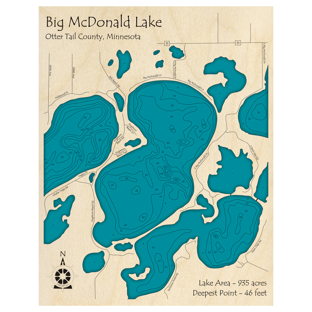 Bathymetric topo map of Big McDonald Lake, MN with roads, towns and depths noted in blue water.