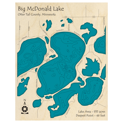 Bathymetric topo map of Big McDonald Lake, MN with roads, towns and depths noted in blue water.
