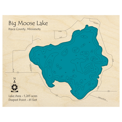Bathymetric topo map of Big Moose Lake, MN with roads, towns and depths noted in blue water.