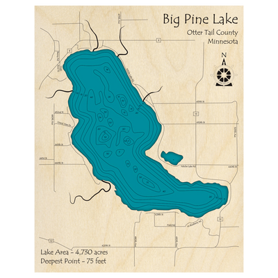 Bathymetric topo map of Big Pine Lake, MN with roads, towns and depths noted in blue water.