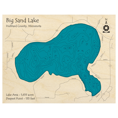 Bathymetric topo map of Big Sand Lake, MN with roads, towns and depths noted in blue water.