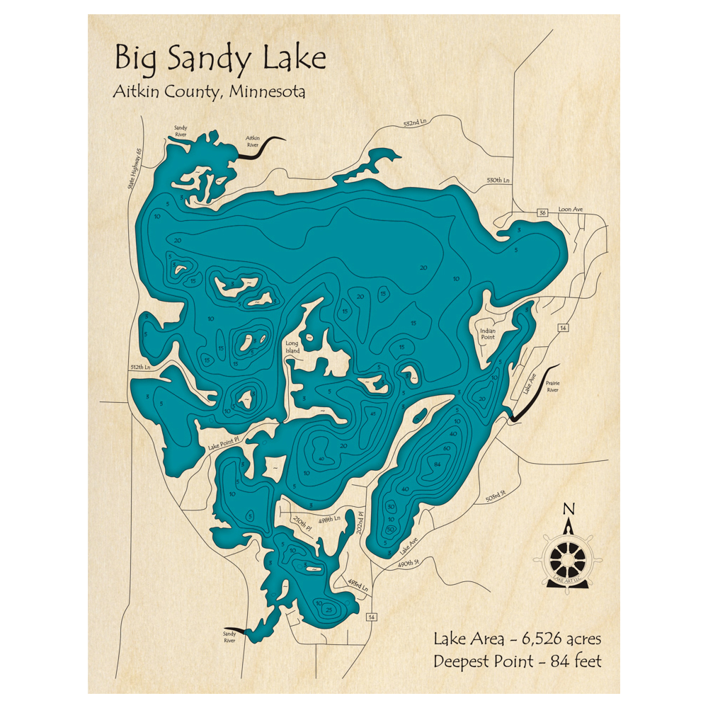 Bathymetric topo map of Big Sandy Lake, MN with roads, towns and depths noted in blue water.