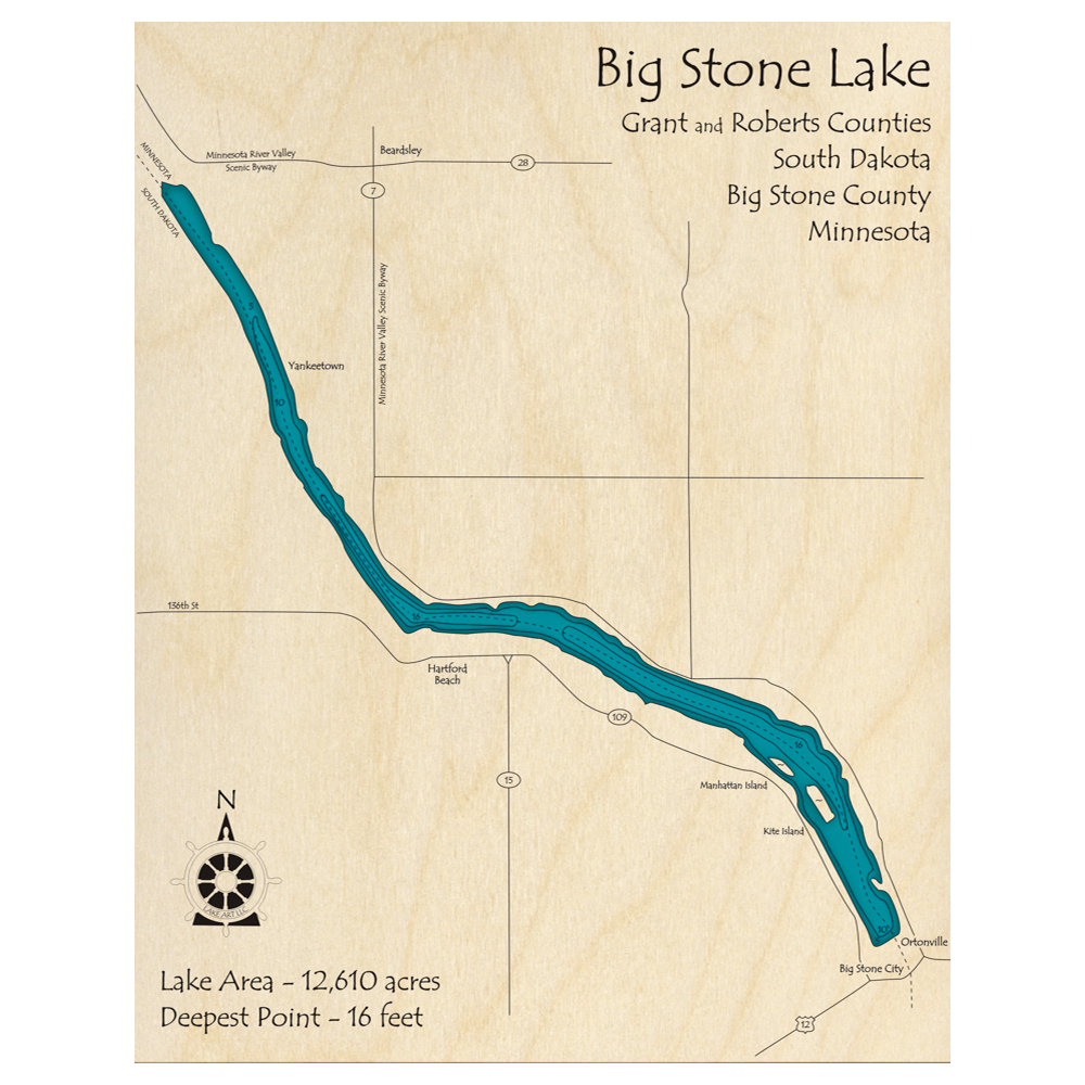 Bathymetric topo map of Big Stone Lake (MN, SD) with roads, towns and depths noted in blue water.