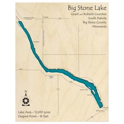 Bathymetric topo map of Big Stone Lake (MN, SD) with roads, towns and depths noted in blue water.