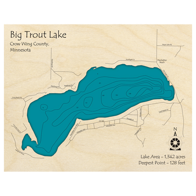 Bathymetric topo map of Big Trout Lake, MN with roads, towns and depths noted in blue water.