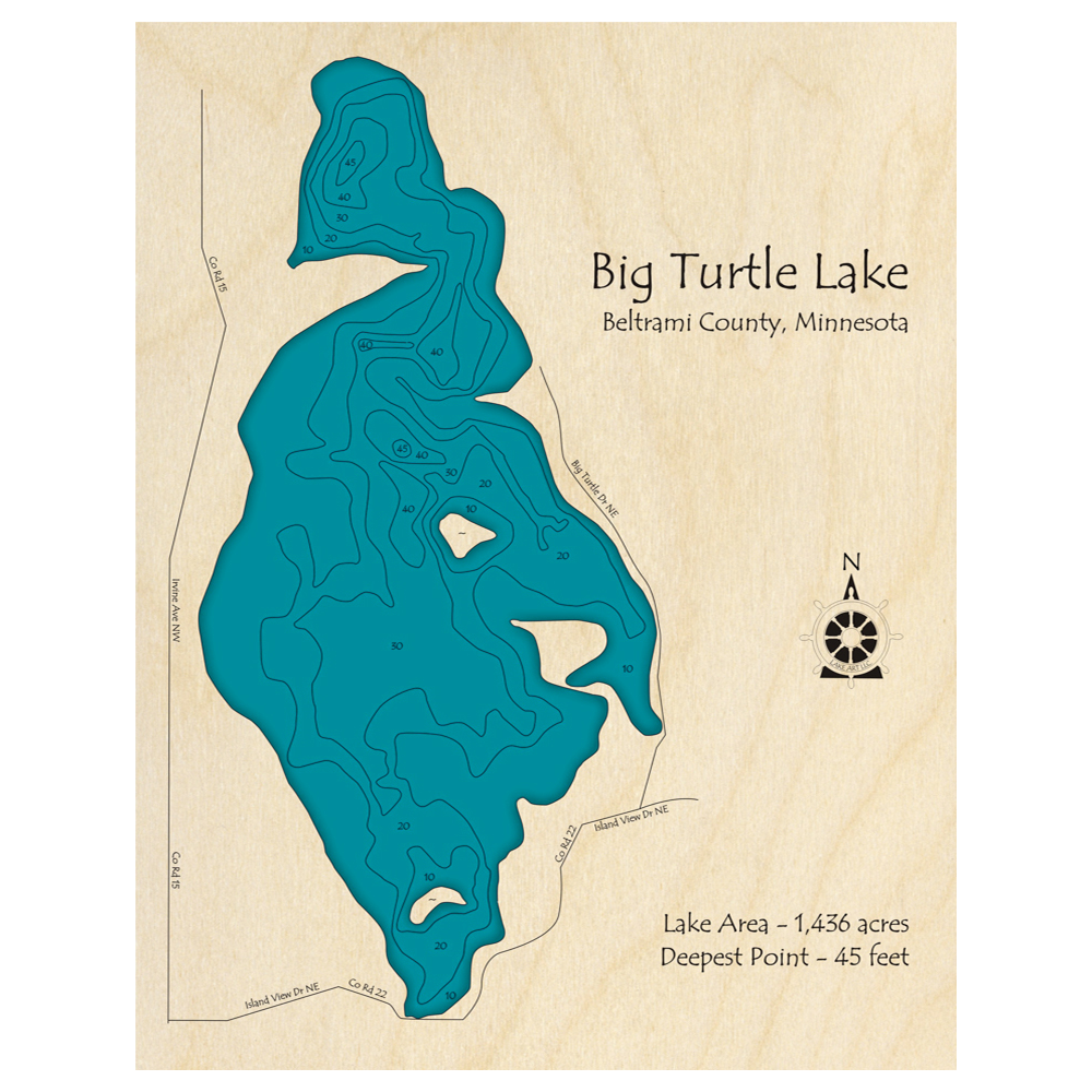 Bathymetric topo map of Big Turtle Lake, MN with roads, towns and depths noted in blue water.