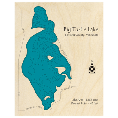 Bathymetric topo map of Big Turtle Lake, MN with roads, towns and depths noted in blue water.