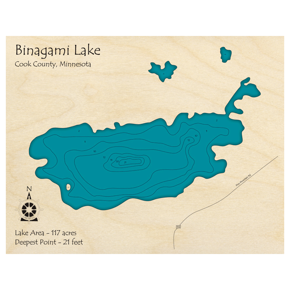 Bathymetric topo map of Binagami Lake, MN with roads, towns and depths noted in blue water.