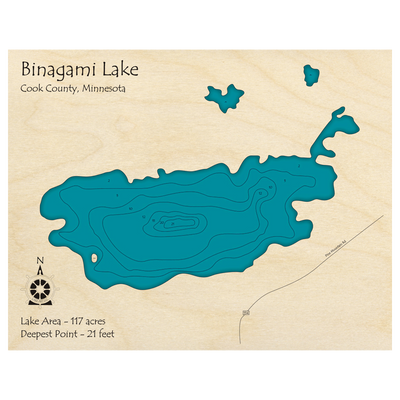 Bathymetric topo map of Binagami Lake, MN with roads, towns and depths noted in blue water.