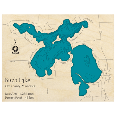 Bathymetric topo map of Birch Lake, MN with roads, towns and depths noted in blue water.