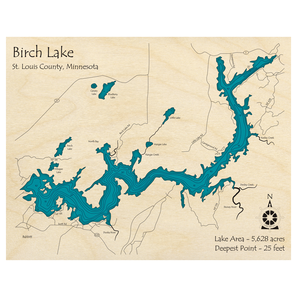 Bathymetric topo map of Birch Lake, MN with roads, towns and depths noted in blue water.