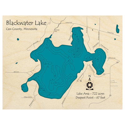Bathymetric topo map of Blackwater Lake, MN with roads, towns and depths noted in blue water.