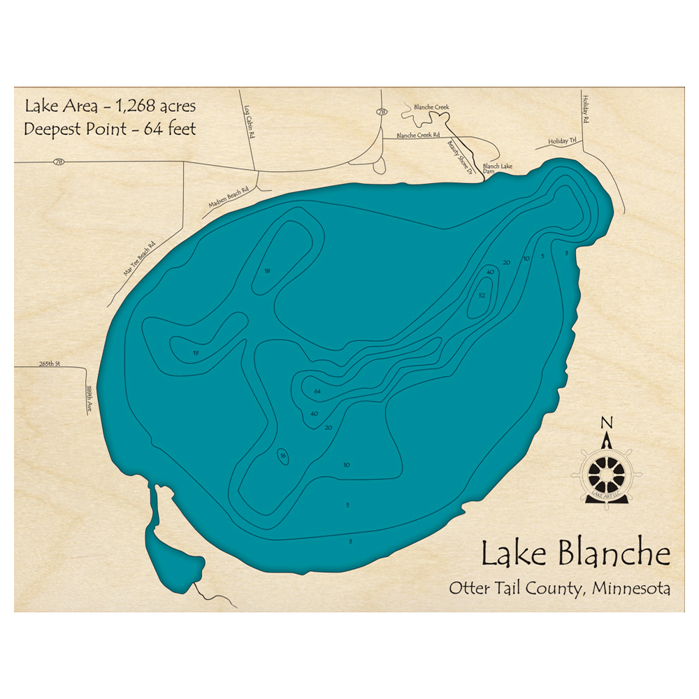 Bathymetric topo map of Lake Blanche, MN with roads, towns and depths noted in blue water.