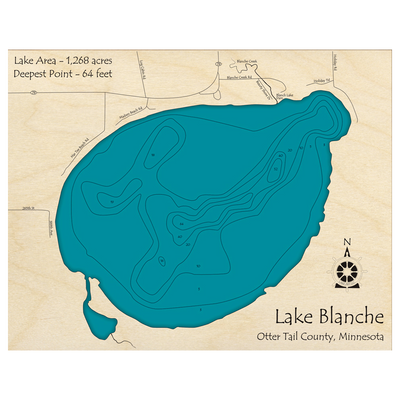Bathymetric topo map of Lake Blanche, MN with roads, towns and depths noted in blue water.