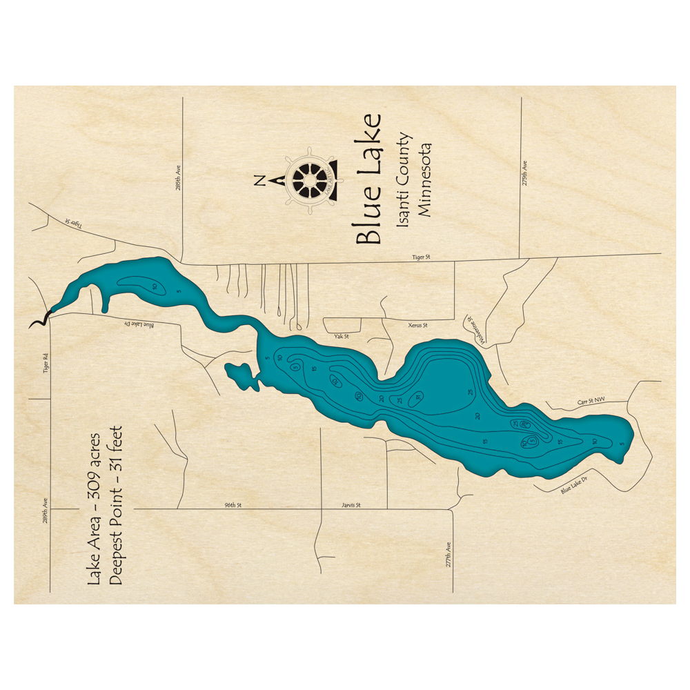 Bathymetric topo map of Blue Lake, MN with roads, towns and depths noted in blue water.