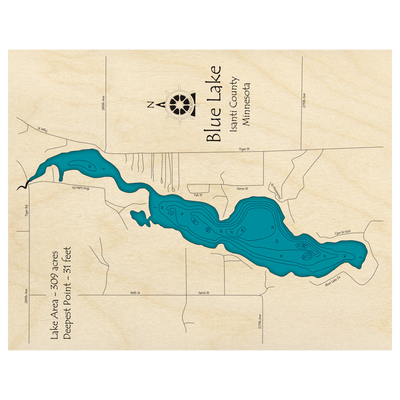 Bathymetric topo map of Blue Lake, MN with roads, towns and depths noted in blue water.