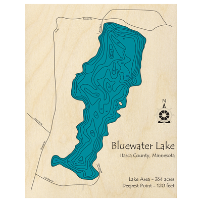 Bathymetric topo map of Bluewater Lake, MN with roads, towns and depths noted in blue water.