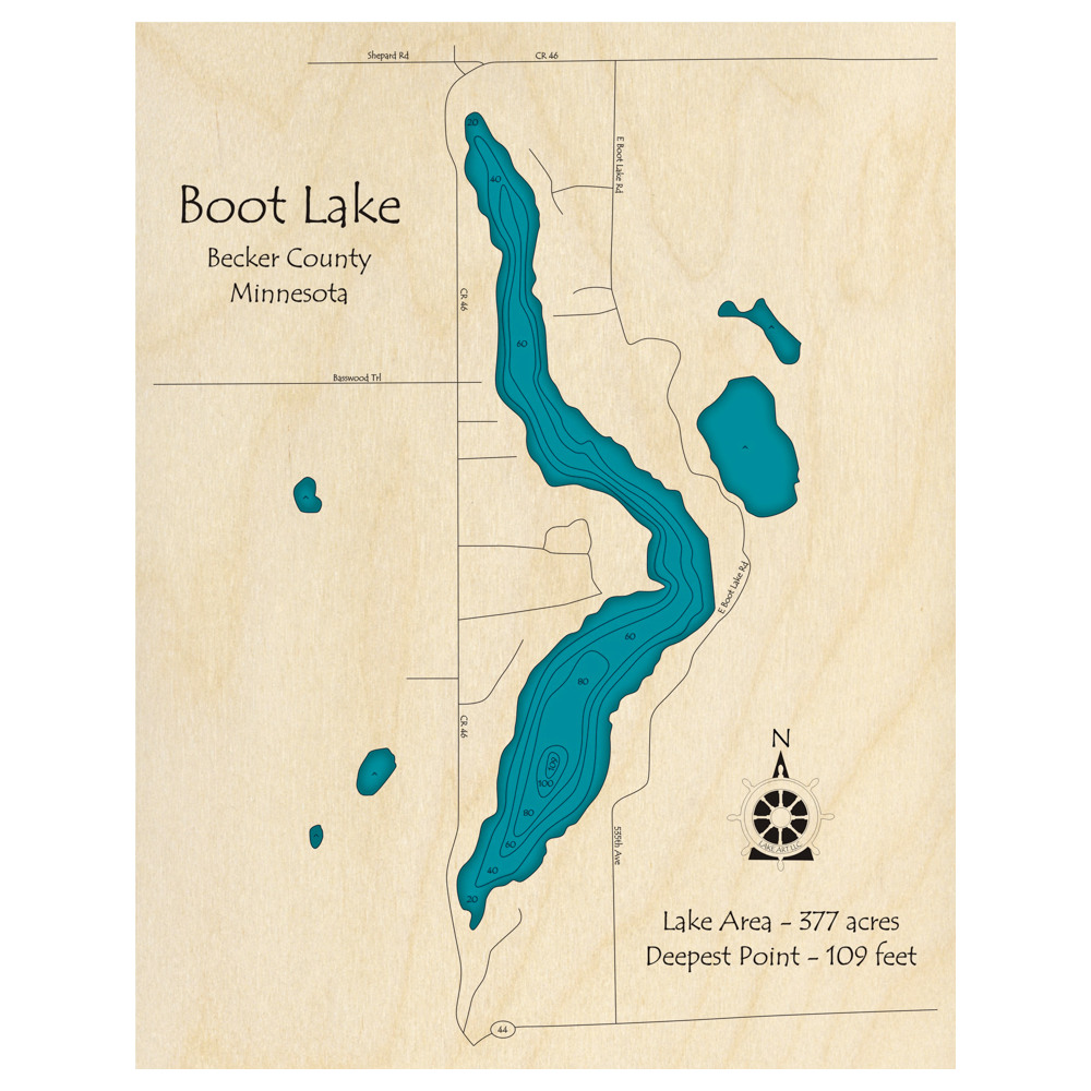 Boot Map Boot Lake, Minnesota 3D Custom Wood Map – Lake Art LLC