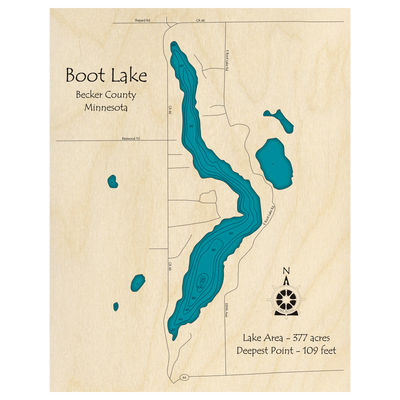 Bathymetric topo map of Boot Lake, MN with roads, towns and depths noted in blue water.