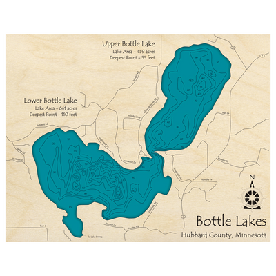 Bathymetric topo map of Bottle Lake, MN with roads, towns and depths noted in blue water.