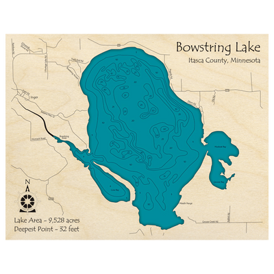 Bathymetric topo map of Bowstring Lake, MN with roads, towns and depths noted in blue water.
