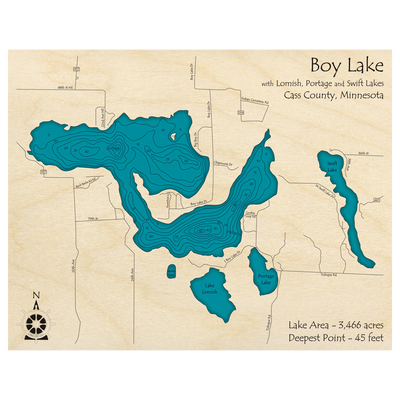 Bathymetric topo map of Boy Lake, MN with roads, towns and depths noted in blue water.