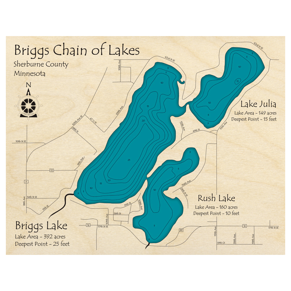 Bathymetric topo map of Briggs Chain of Lakes, MN with roads, towns and depths noted in blue water.