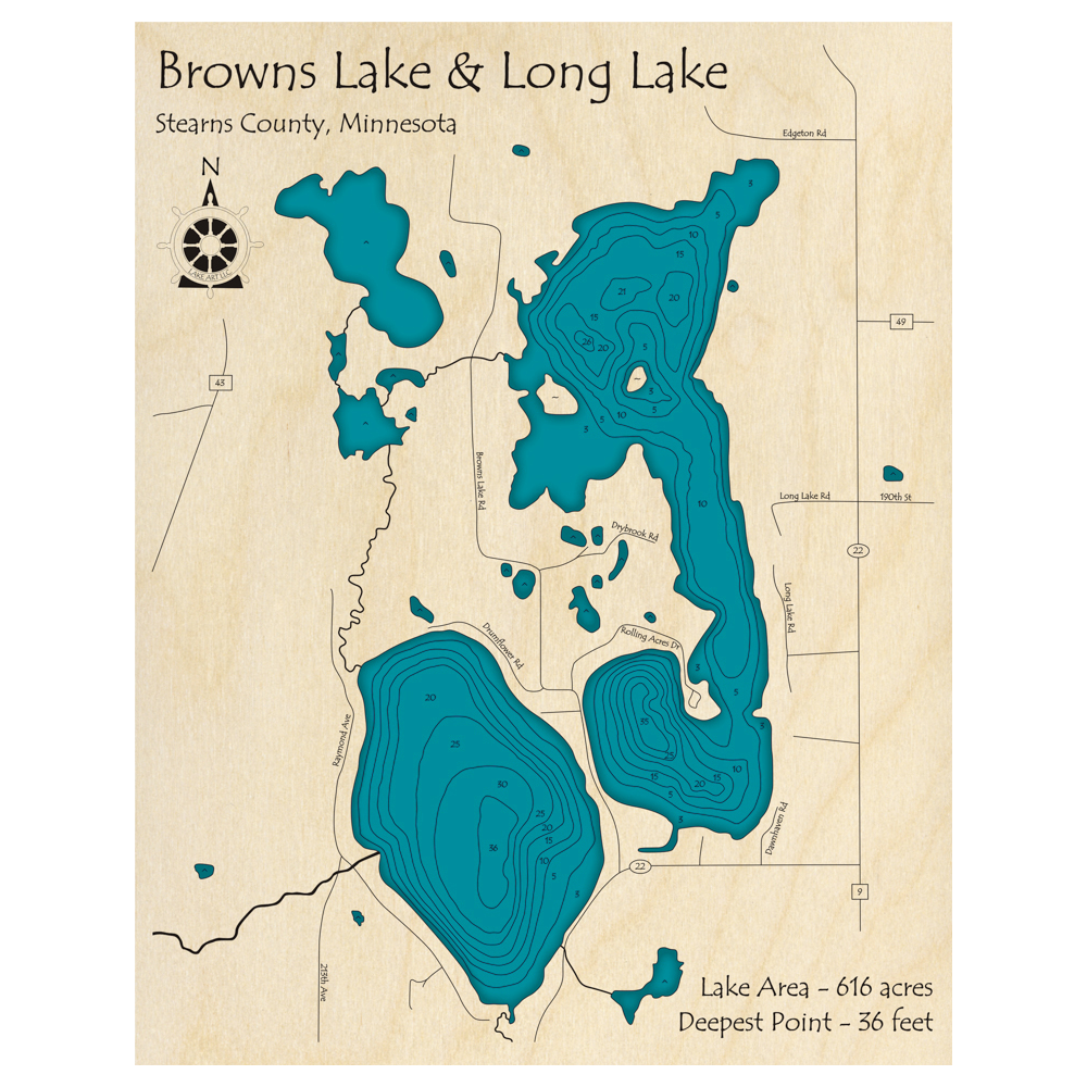 Bathymetric topo map of Browns Lake and Long Lake, MN with roads, towns and depths noted in blue water.