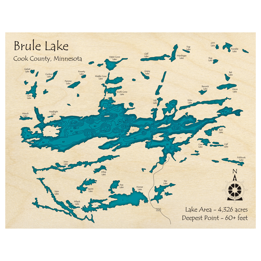 Bathymetric topo map of Brule Lake, MN with roads, towns and depths noted in blue water.