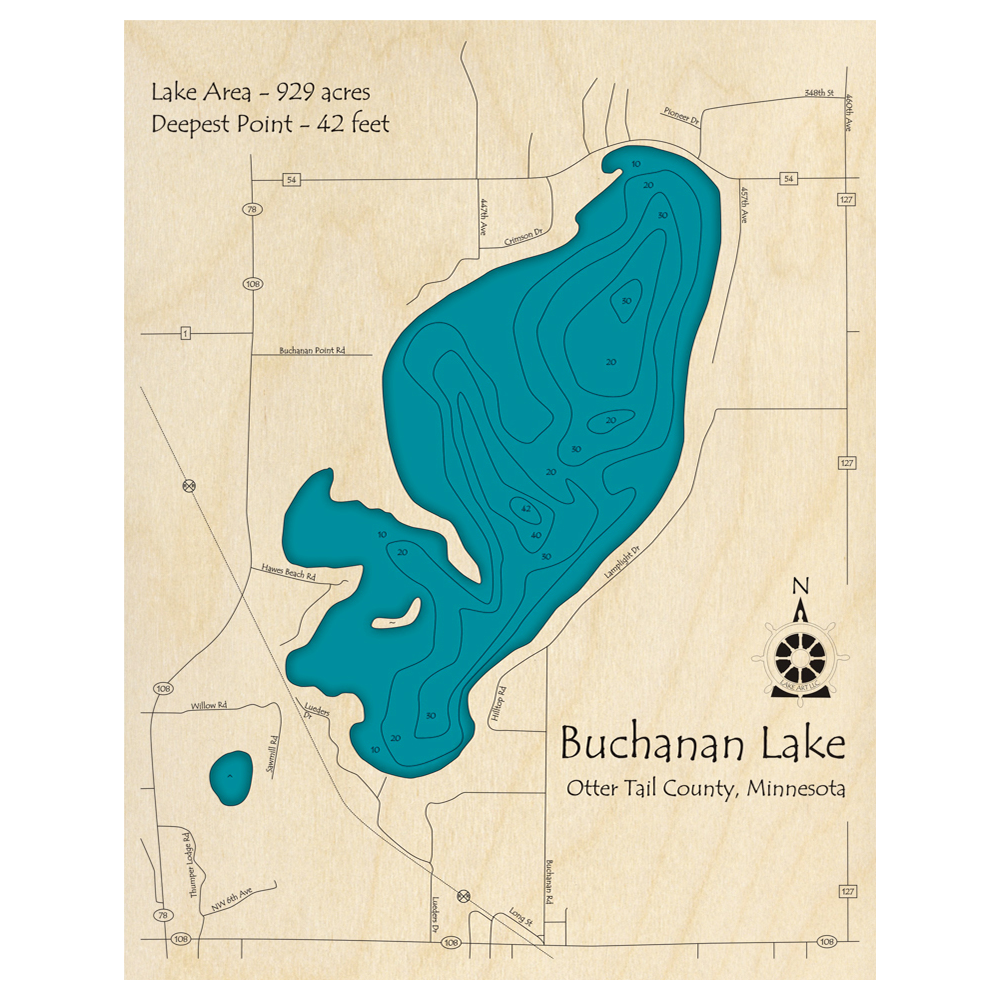 Bathymetric topo map of Buchanan Lake, MN with roads, towns and depths noted in blue water.