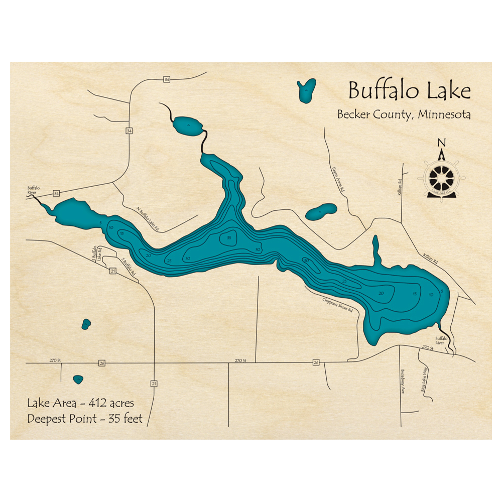 Bathymetric topo map of Buffalo Lake, MN with roads, towns and depths noted in blue water.