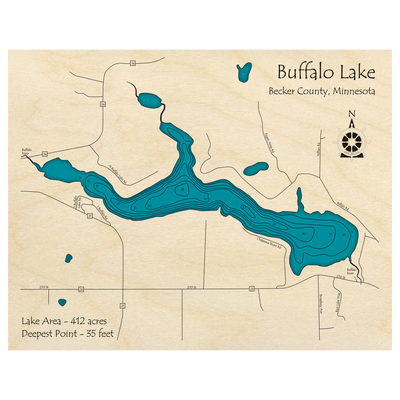 Bathymetric topo map of Buffalo Lake, MN with roads, towns and depths noted in blue water.
